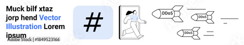 Person escaping through door from DDoS threats represented as missiles. Ideal for cybersecurity, technology systems, data protection, risk management, network safety, IT solutions, simple landing