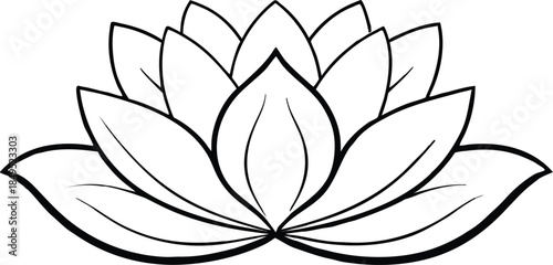 Elegant black and white line drawing of a blooming lotus flower
