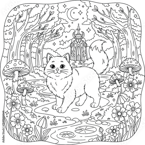 Cute Cat in Enchanted Forest Illustration, Smiling Kitten with Mushrooms, Flowers and Fairy Castle, Fantasy Black and White Line Art Coloring Page for Kids