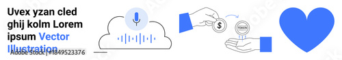 Voice recognition, fintech innovation, online transactions, audio technology, cloud storage, empathy in AI. Microphone on a cloud, hands exchanging coins blue heart symbol. Voice recognition