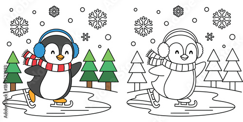 Cute Penguin Ice Skating in Winter Cartoon Illustration and Coloring Book Page for Kids Activity
