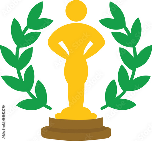 Golden trophy award with laurel wreath and pedestal