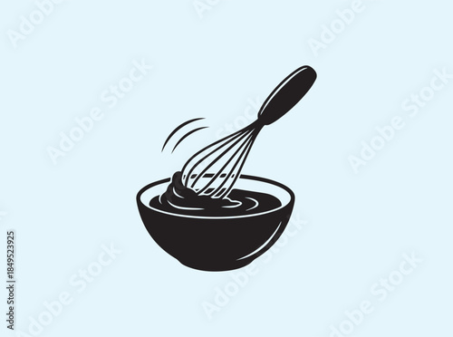 Solid Black Silhouette of Whisk Mixing Batter with Gentle Motion Lines
