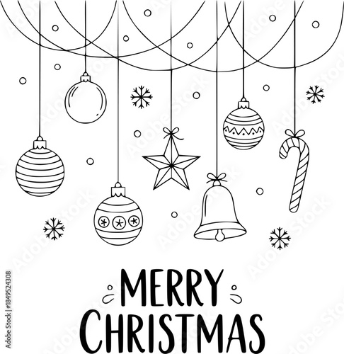 Minimalist hand-drawn illustration of hanging Christmas ornaments and decorations with a festive holiday greeting on a light background
