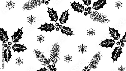 Chalkboard Christmas Decorations A Festive Pattern of Holly, Pine, and Snowflakes
