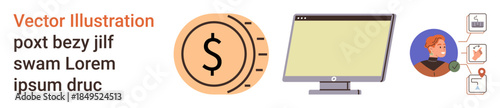Financial services, digital currency, technology education, online identity, data sharing, user interfaces. Coin icon, computer screen user profile connected to graphics. Financial services