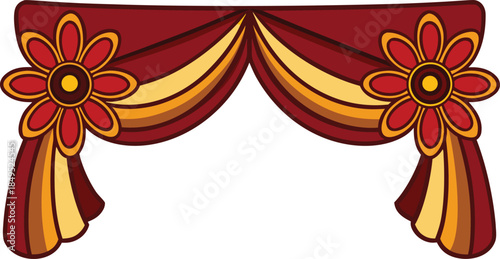 Decorative red and gold drapes with flower accents