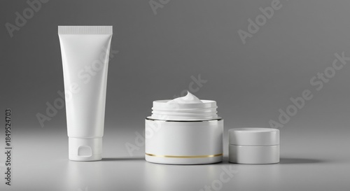 Elegant white cosmetic tubes and jar.