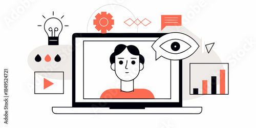 Digital portrait within a laptop screen with icons representing innovation and analysis