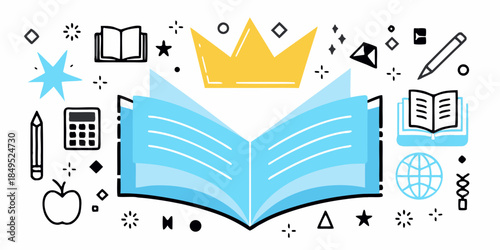 Open book with learning icons crown and school supplies illustration