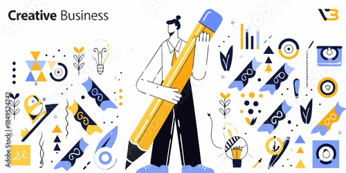 Creative ideas and business concepts illustrated with a person and pencil