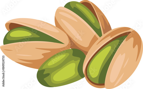 Pile of pistachios in shell and shelled pistachios, vibrant green kernels and light brown shells, vector