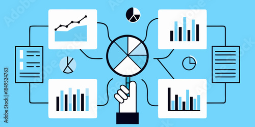 Data analysis concept with charts graphs and a hand interacting with information