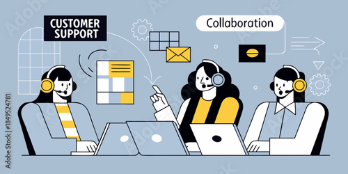 Customer support team working together providing assistance and collaboration