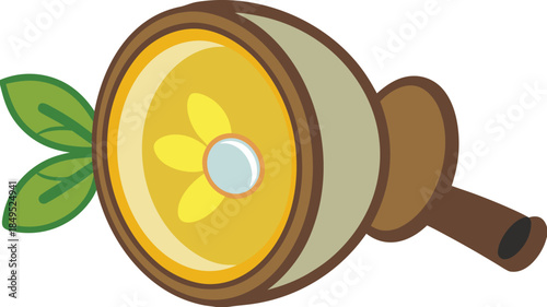 Cartoon illustration of a magnifying glass with a lemon slice and leaves