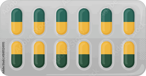 top view of blister pack containing twelve yellow and green capsules