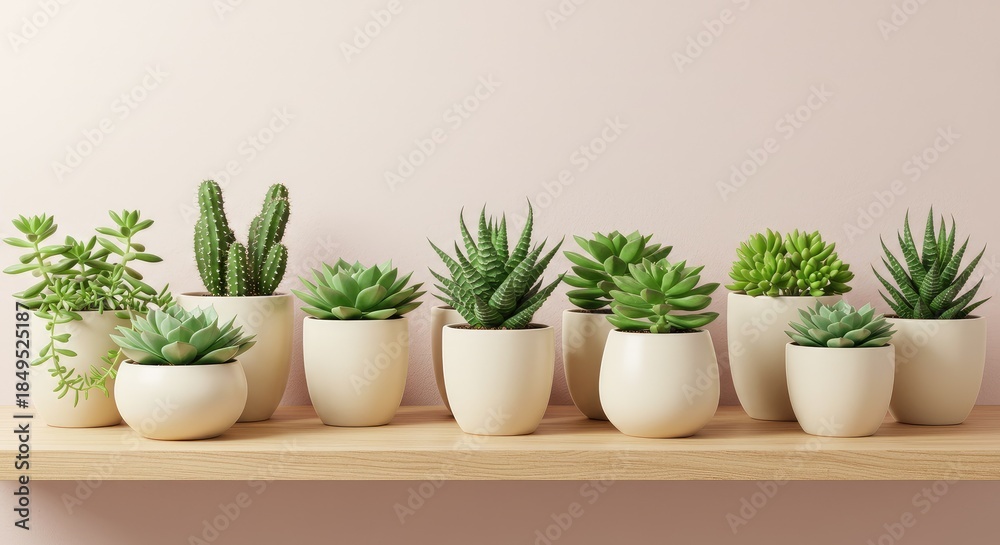 Fototapeta premium Serene Succulent Collection: Diverse Green Plants in Cream Pots on Wooden Shelf, Minimalist Aesthetic