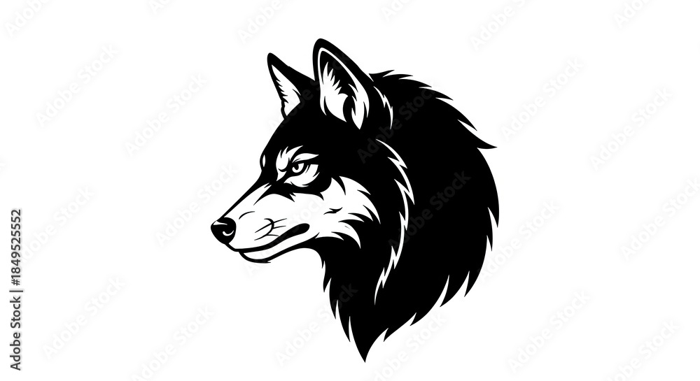 Naklejka premium Intense wolf head illustration in black and white, side profile.