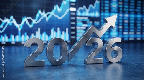 Silver year 2026 with arrow pointing up in front of finance data