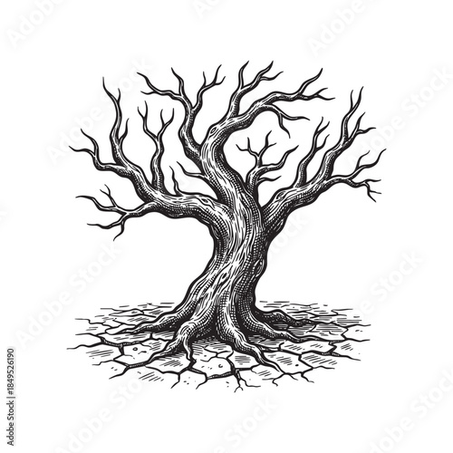 Bare Dead Tree on Cracked Ground Engraving