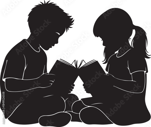 Kids Reading Books Silhouettes Boy and Girl Studying Together for Education, Learning, and Literacy Concepts