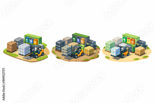 Isometric Garbage Sorting and Recycling Management with Forklift and Compressed Waste

