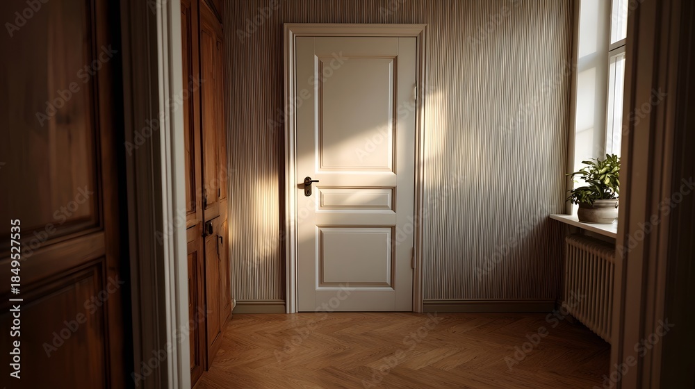Fototapeta premium A serene interior scene with sunlight illuminating a closed white door and a wooden floor