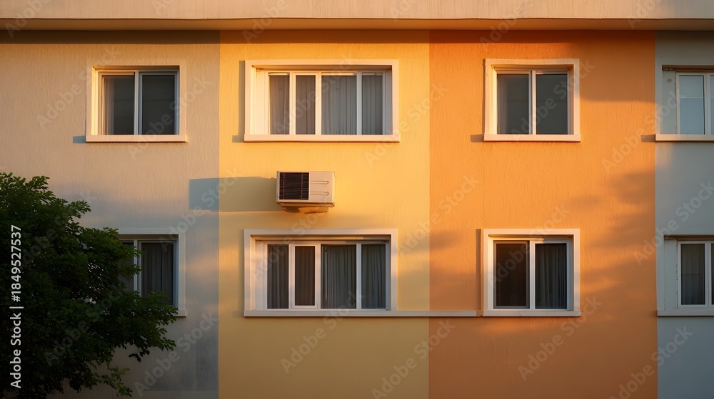 Obraz premium Facade of a modern apartment building with colorful walls illuminated by warm sunset light
