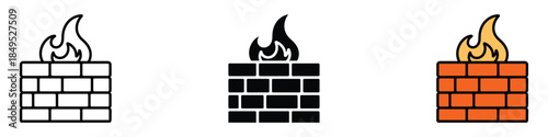 Brick wall and fire icon vector. Digital firewall, internet security symbol. vector illustration.