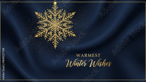 Golden Snowflake Ornament Hanging with Warmest Winter Wishes Text on Dark Blue Draped Fabric, Elegant Winter Holiday Greeting Card Design