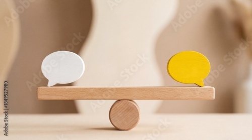 Two speech bubbles on wooden seesaw representing balance in communication