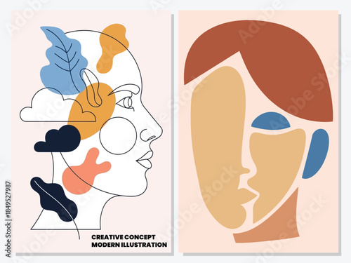 Abstract minimalist portrait set featuring line art and Matisse-inspired color block human faces.
