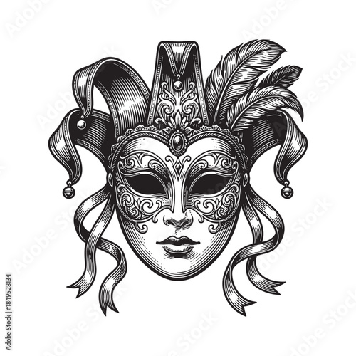 Venetian Carnival Mask with Feathers Engraving