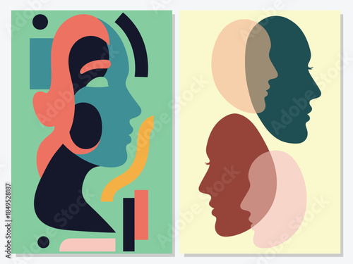 Abstract modern female profile portraits featuring geometric shapes and overlapping color layers.