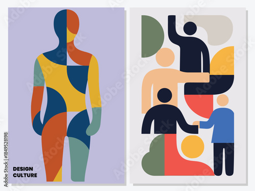 Abstract geometric human figures and diverse group interaction posters in modern minimalist design style.