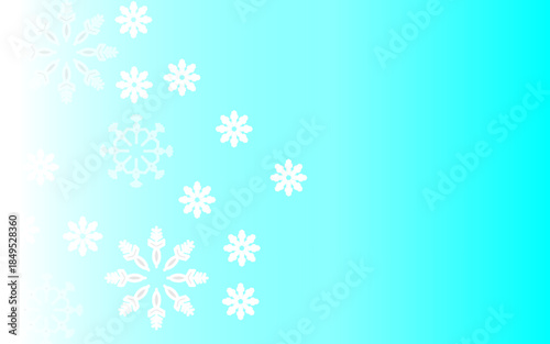 Subtle falling snowflakes illustration. Snowfall fleck frozen elements. Snowfall weather white teal blue backdrop. Flat snowflakes january texture. Snow cold season landscape.