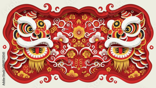 Vibrant Chinese New Year Celebration with Lion Dance Heads.