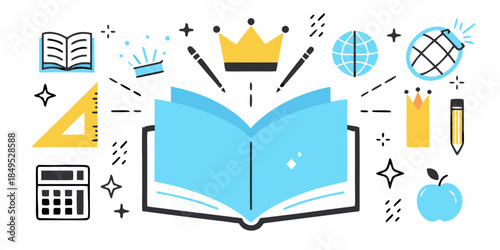 Education and learning icons books crown globe and learning tools