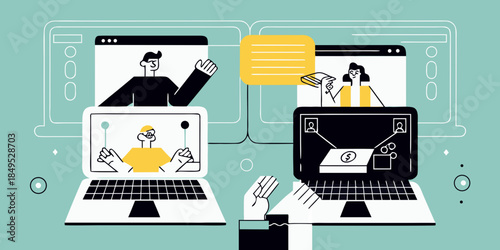 People connecting and collaborating through video conferencing on various devices