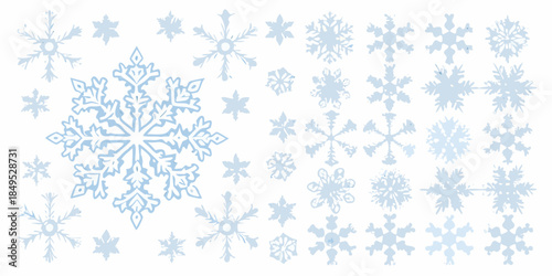 A collection of delicate light blue snowflakes arranged on a white background