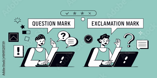 People using laptops discussing question and exclamation marks with speech bubbles