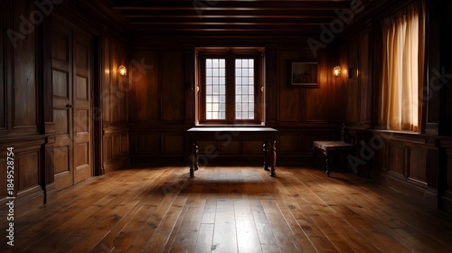 Wallpaper Mural A vintage wooden paneled room with soft light filtering through a central window casting shadows on the floor Torontodigital.ca