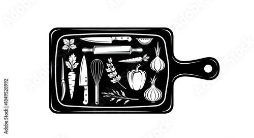 Kitchen Tools and Vegetables on Cutting Board Illustration.