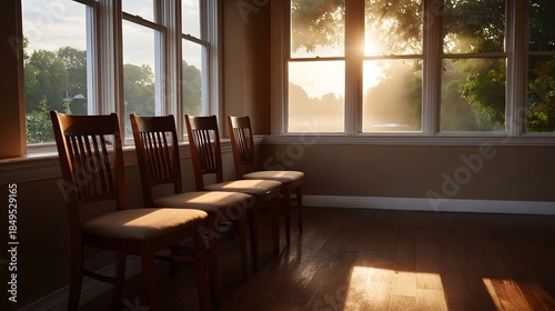 Empty chairs in a room bathed in golden sunlight with a misty outdoor view through the