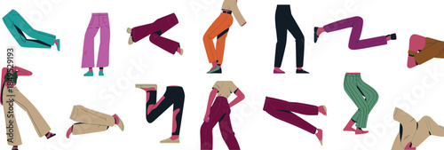 Fashion illustration set of modern pants and trousers, stylish legs poses collection for apparel design, editorial layouts, branding projects