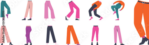 Fashion illustration set of modern pants and trousers, stylish legs poses collection for apparel design, editorial layouts, branding projects