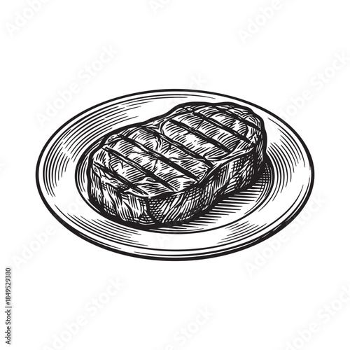 Grilled Beef Steak on Plate Engraving