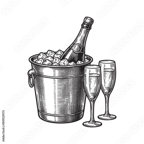 Champagne Bottle in Ice Bucket with Glasses