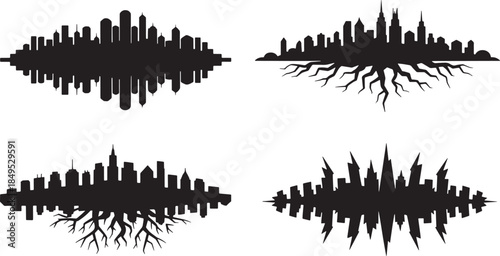 Collection of various mirror style cityscape silhouettes with roots and geometric pattern