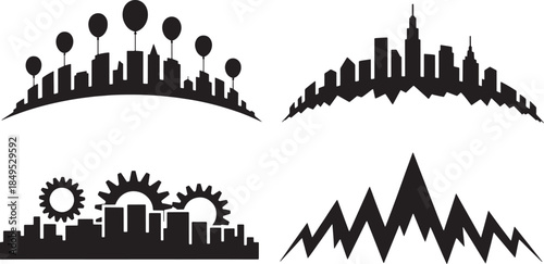 black cityscapes and mountain silhouettes clip art preview
